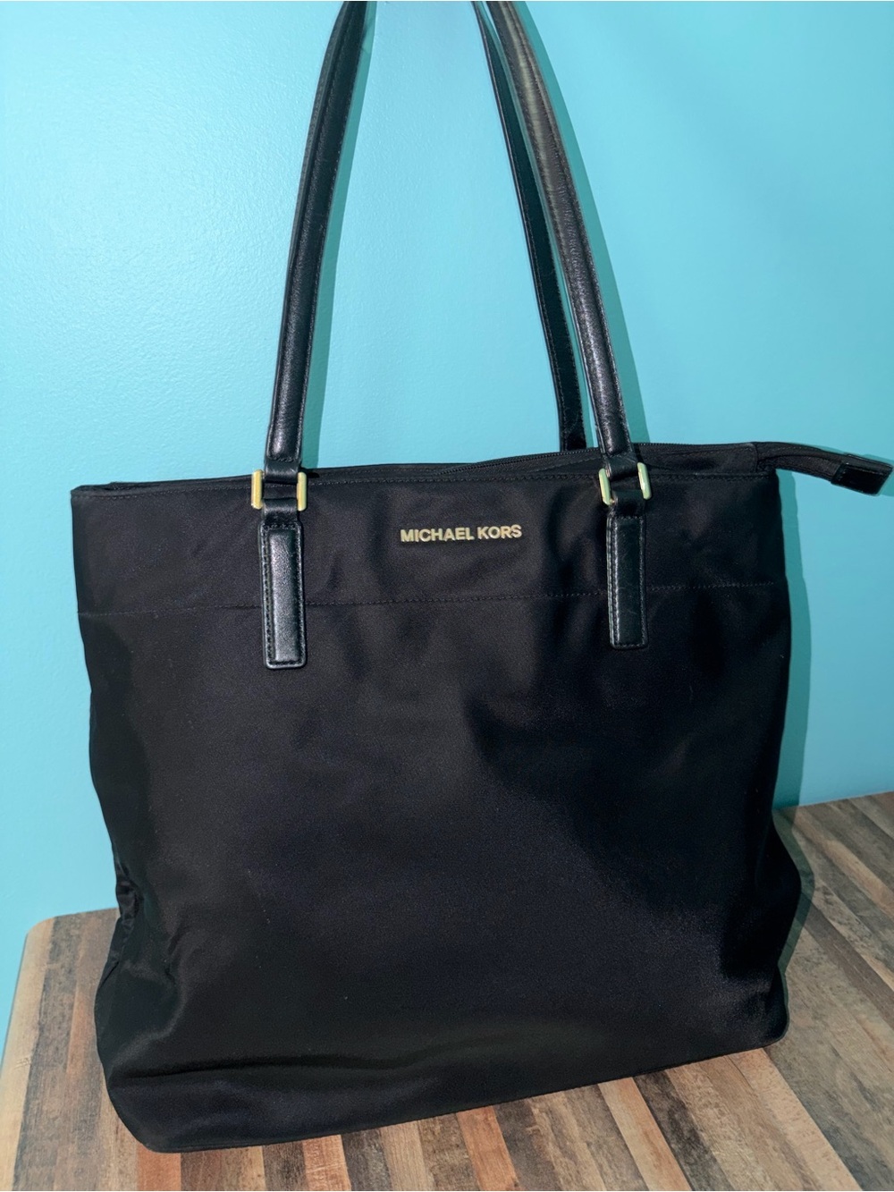 Michael Kors Black Nylon Tote with Leather Trim and Gold Logo